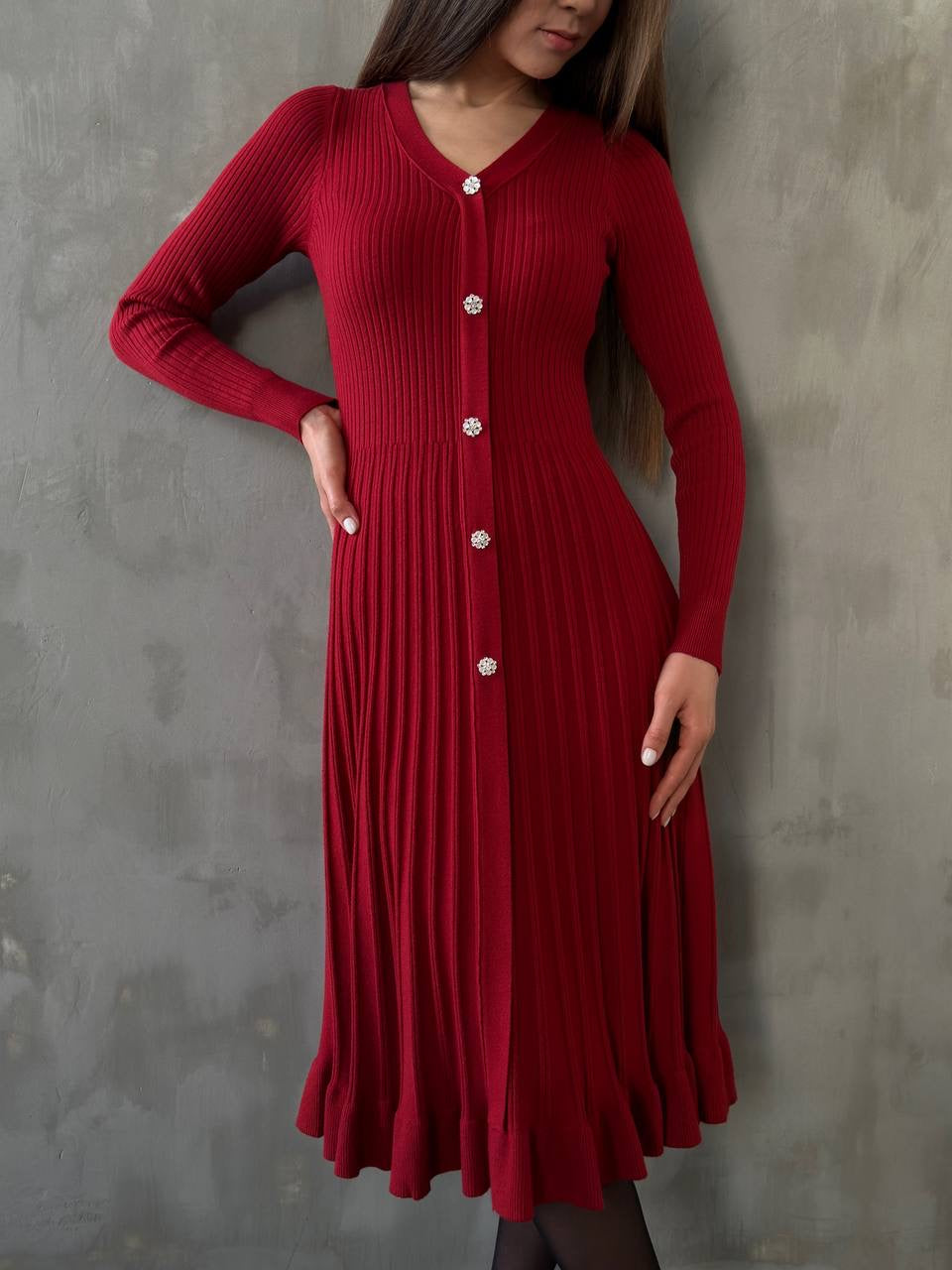 Düğmeli Fitilli Triko Midi Elbise