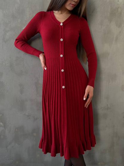 Düğmeli Fitilli Triko Midi Elbise