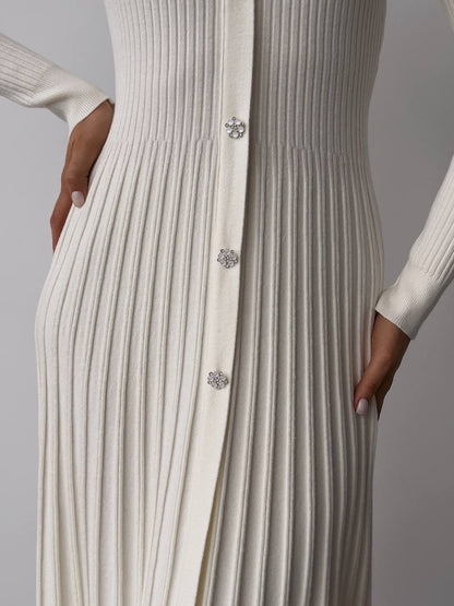 Kristal Düğmeli Fildişi Fitilli Triko Midi Elbise