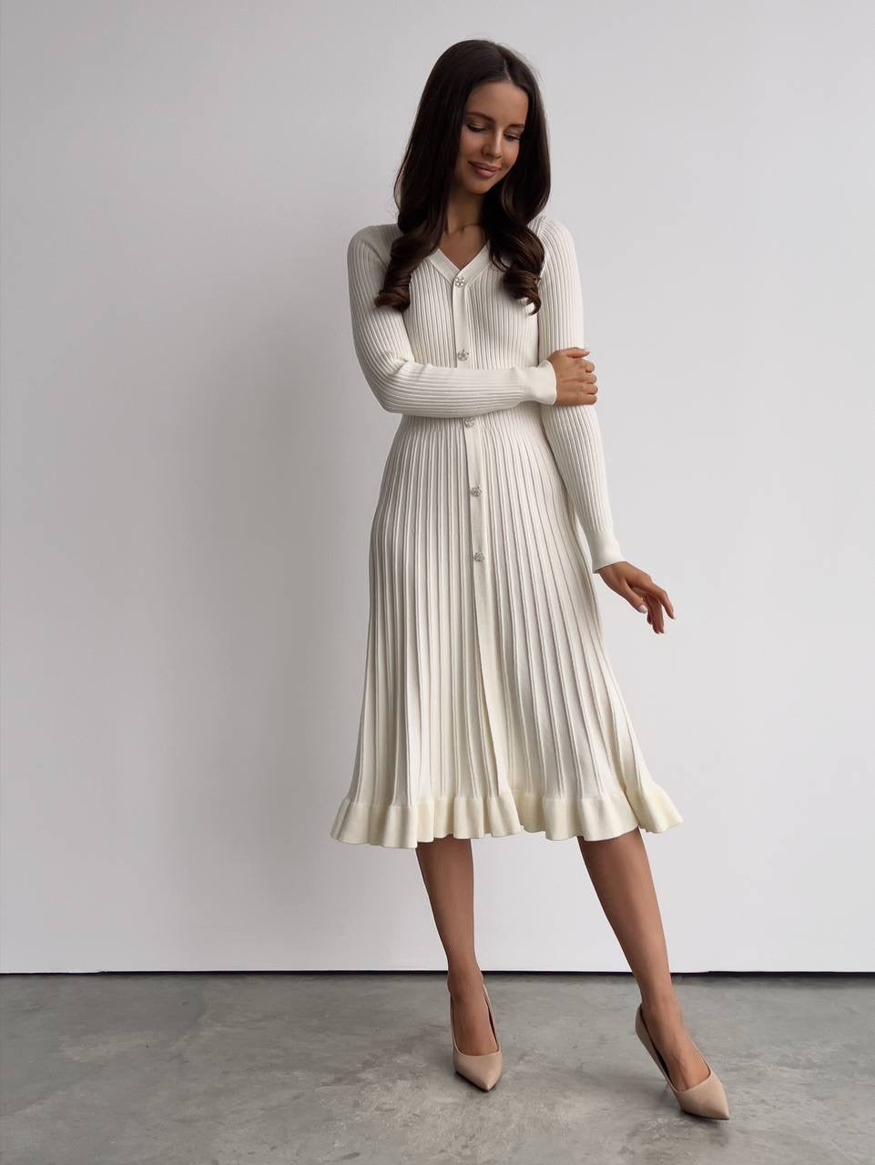 Kristal Düğmeli Fildişi Fitilli Triko Midi Elbise