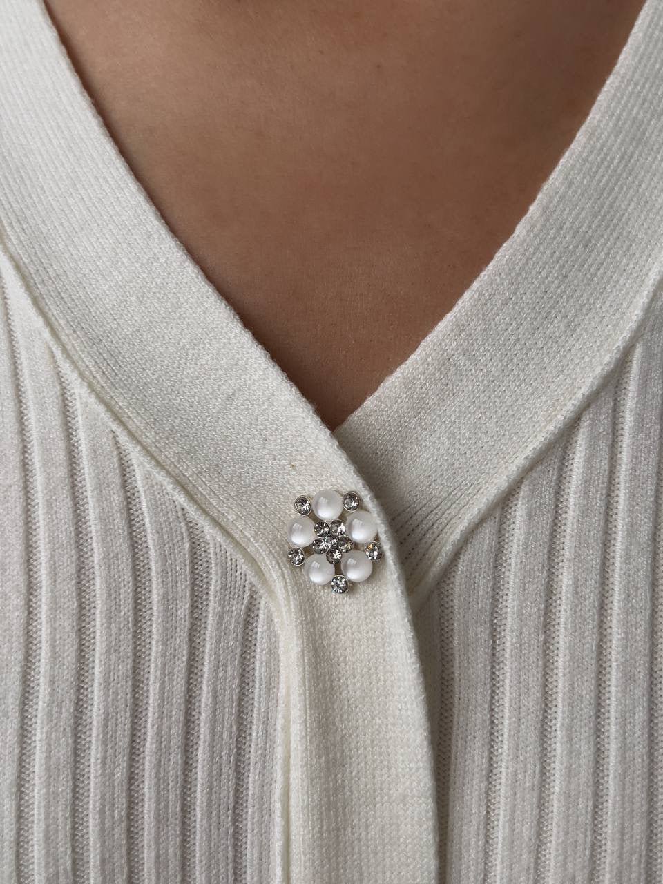 Kristal Düğmeli Fildişi Fitilli Triko Midi Elbise