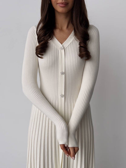 Kristal Düğmeli Fildişi Fitilli Triko Midi Elbise