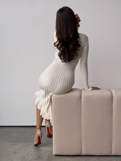 Kristal Düğmeli Fildişi Fitilli Triko Midi Elbise