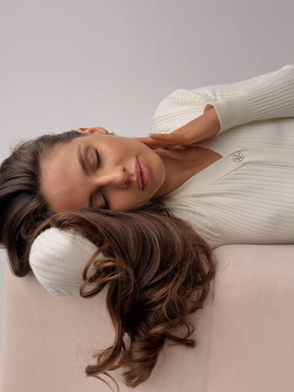 Kristal Düğmeli Fildişi Fitilli Triko Midi Elbise