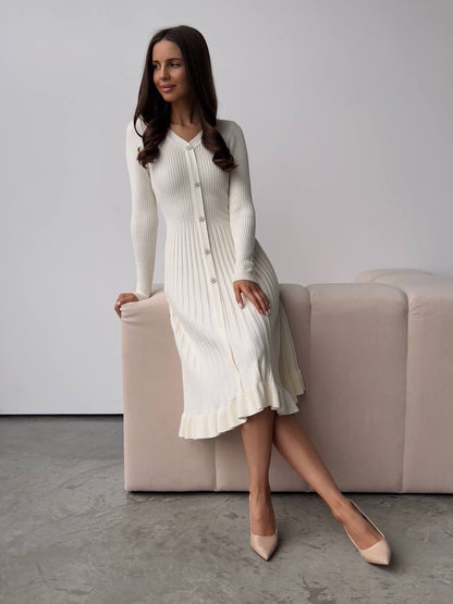 Kristal Düğmeli Fildişi Fitilli Triko Midi Elbise