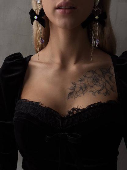 Dantel Detaylı Siyah Kadife Mini Elbise