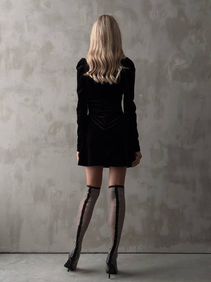 Dantel Detaylı Siyah Kadife Mini Elbise
