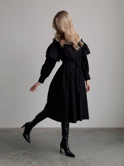 Bej Pile Yakalı Siyah Elbise