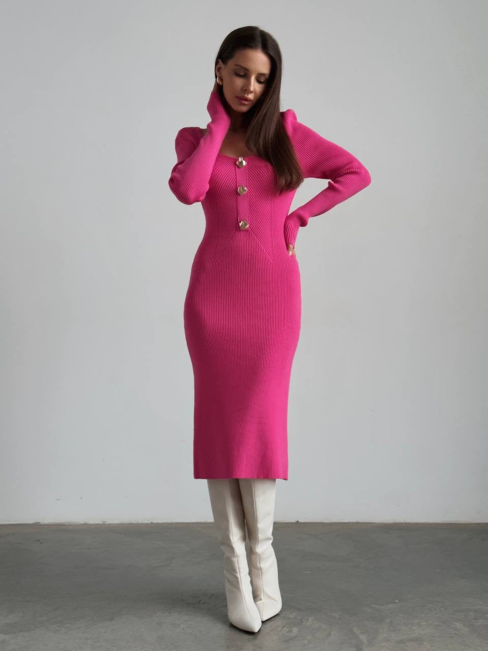 Çarpıcı Fuşya Fitilli Midi Elbise