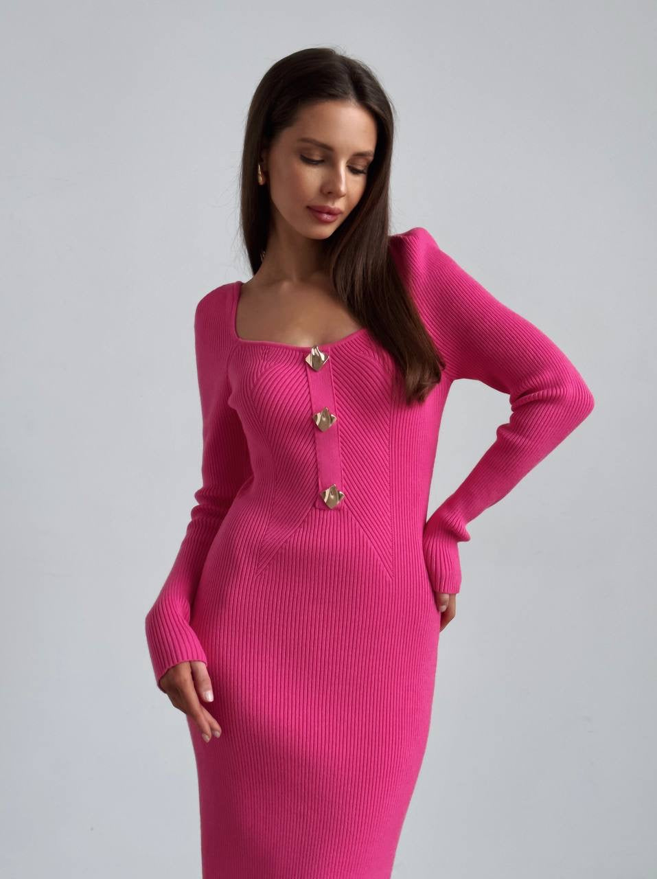 Çarpıcı Fuşya Fitilli Midi Elbise