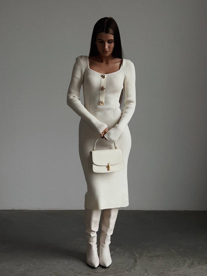 Zarif Krem Fitilli Triko Midi Elbise