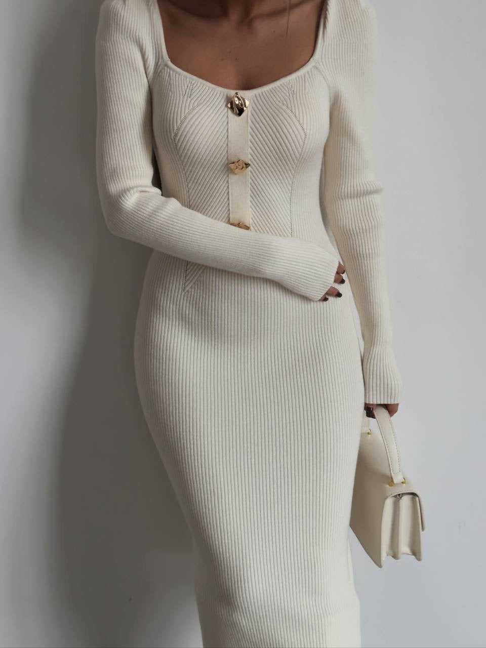 Zarif Krem Fitilli Triko Midi Elbise