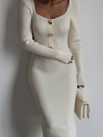 Zarif Krem Fitilli Triko Midi Elbise