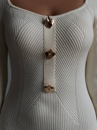 Zarif Krem Fitilli Triko Midi Elbise