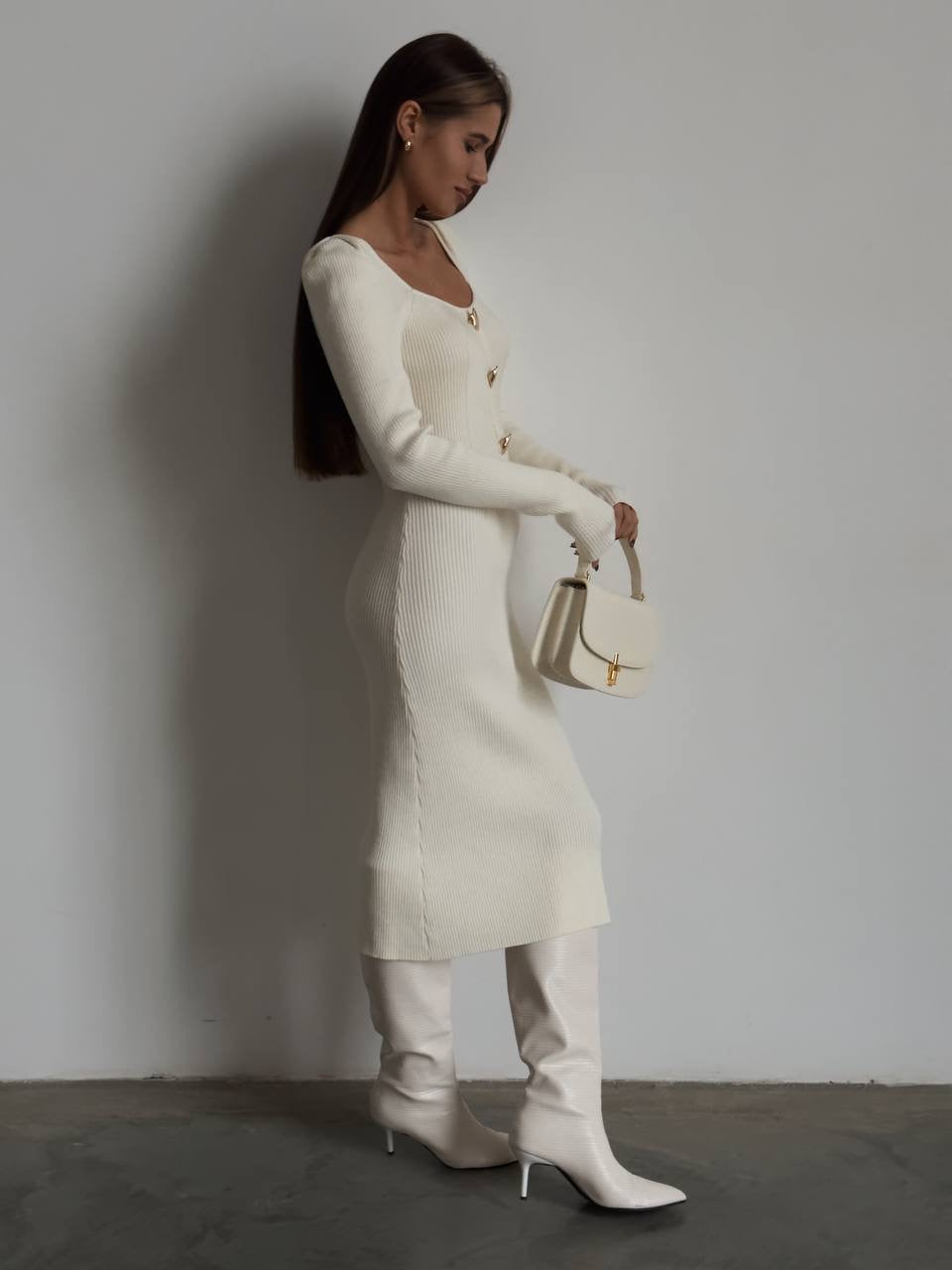 Zarif Krem Fitilli Triko Midi Elbise