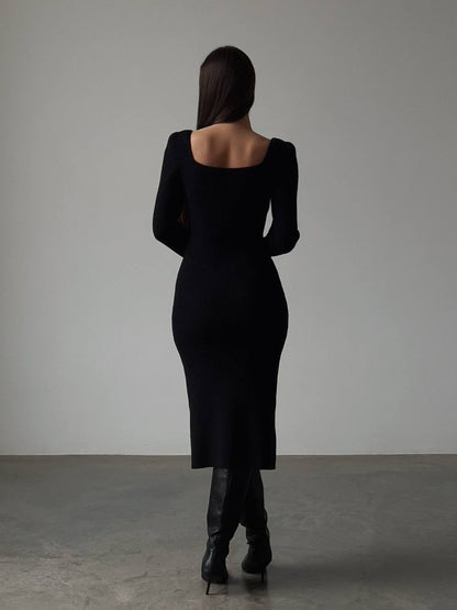 Zarif Siyah Fitilli Triko Midi Elbise