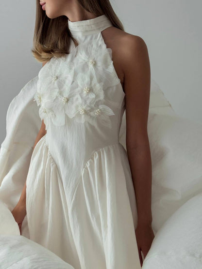 Beyaz Blossom Halter Elbise