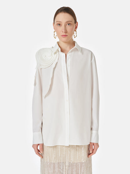 Üç Boyutlu Pileli Çiçekli Pamuklu Gömlek