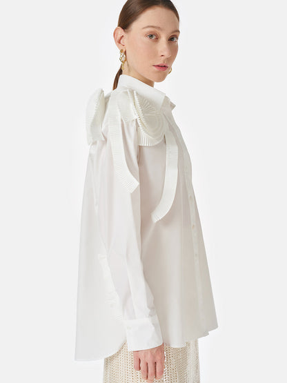 Üç Boyutlu Pileli Çiçekli Pamuklu Gömlek