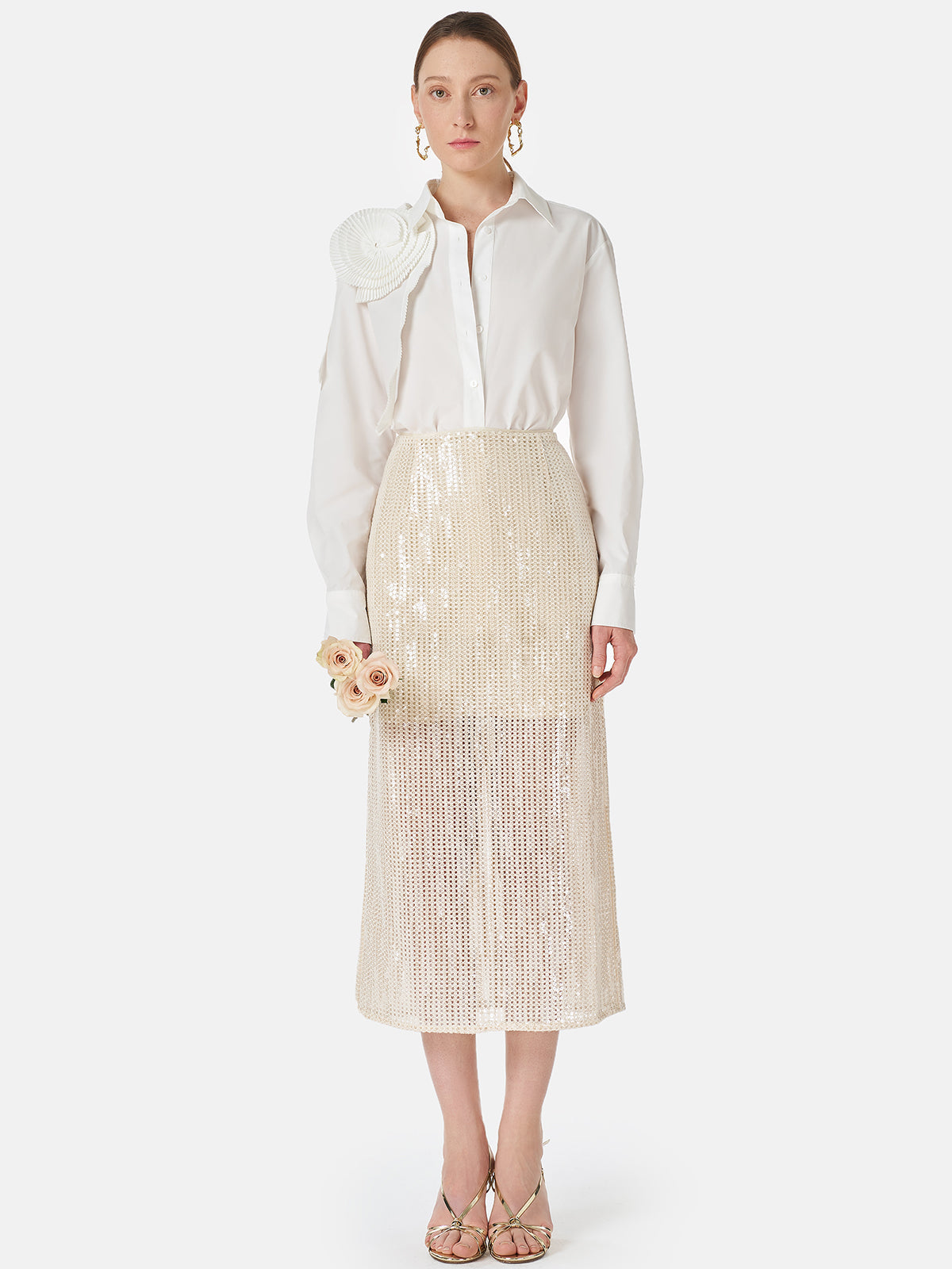 Üç Boyutlu Pileli Çiçekli Pamuklu Gömlek