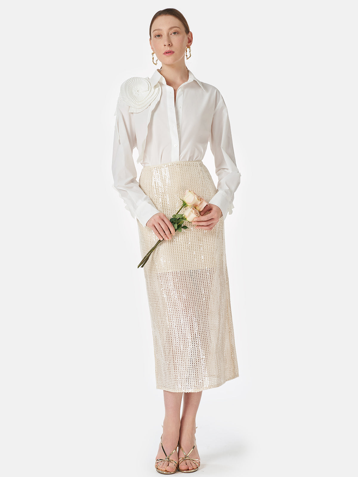 Üç Boyutlu Pileli Çiçekli Pamuklu Gömlek