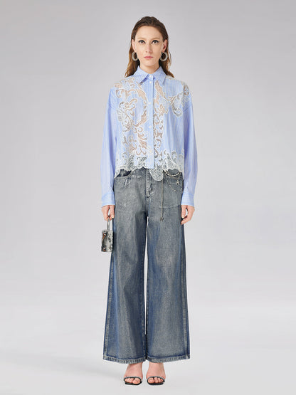 Dantel Yerleştirmeli Nakışlı Gömlek