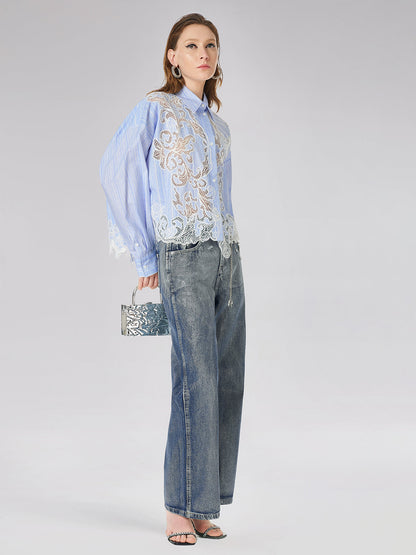 Dantel Yerleştirmeli Nakışlı Gömlek
