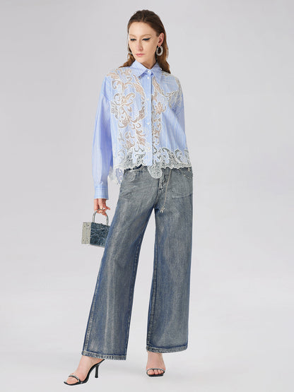 Dantel Yerleştirmeli Nakışlı Gömlek