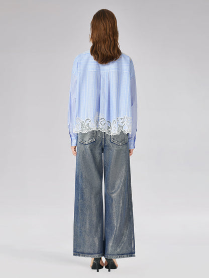 Dantel Yerleştirmeli Nakışlı Gömlek