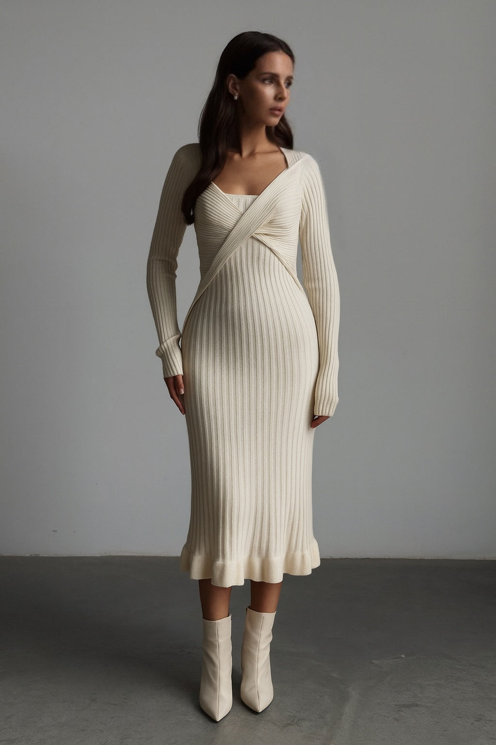 Önü Kruvaze Fitilli Maxi Elbise