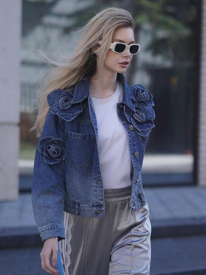 El Yapımı Çiçekli Renk Geçişli Kot Ceket