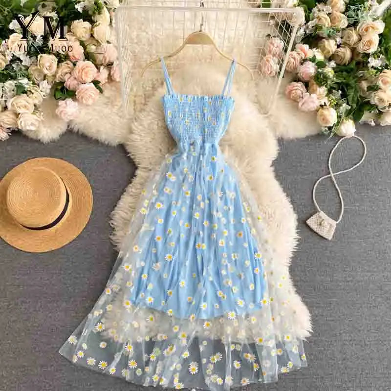 Daisy Print Mesh Spaghetti Strap Midi Dress