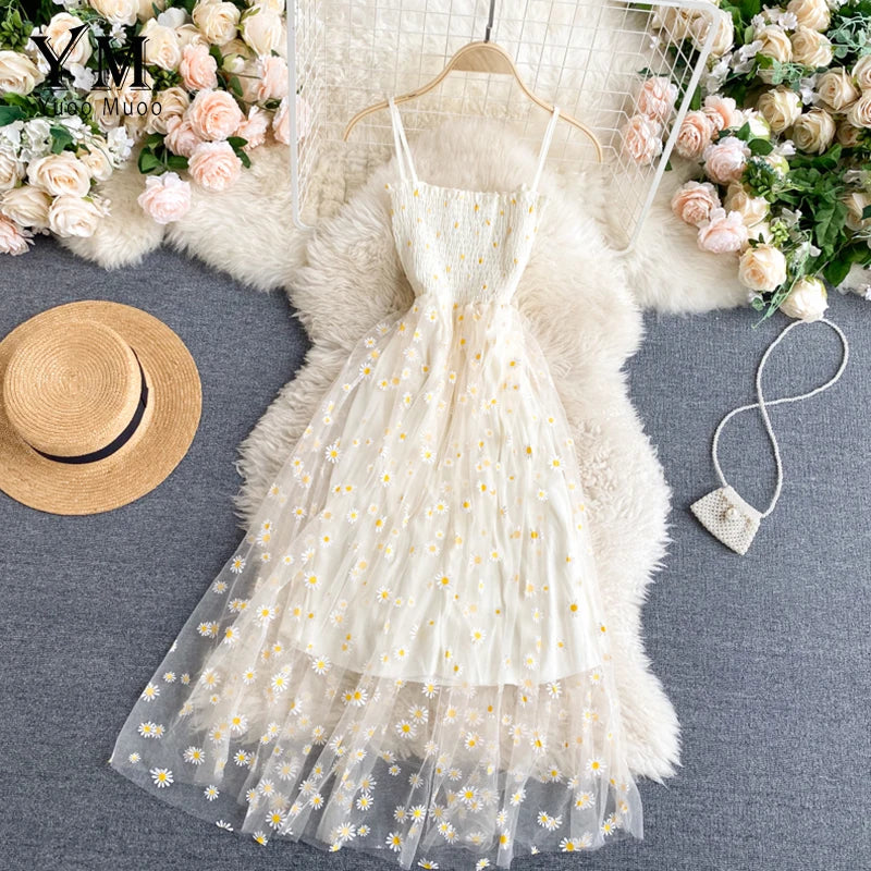 Daisy Print Mesh Spaghetti Strap Midi Dress