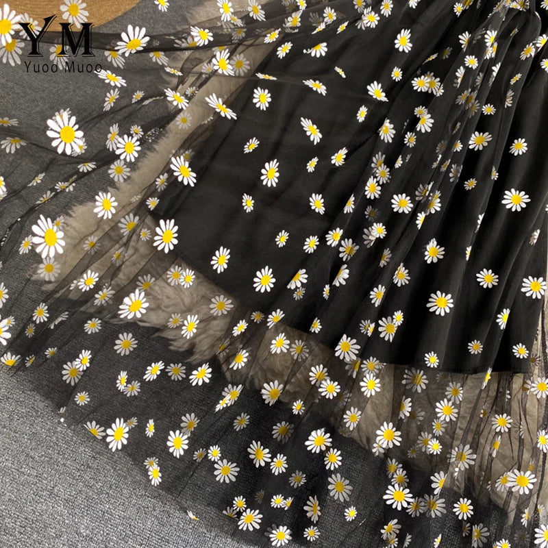 Daisy Print Mesh Spaghetti Strap Midi Dress