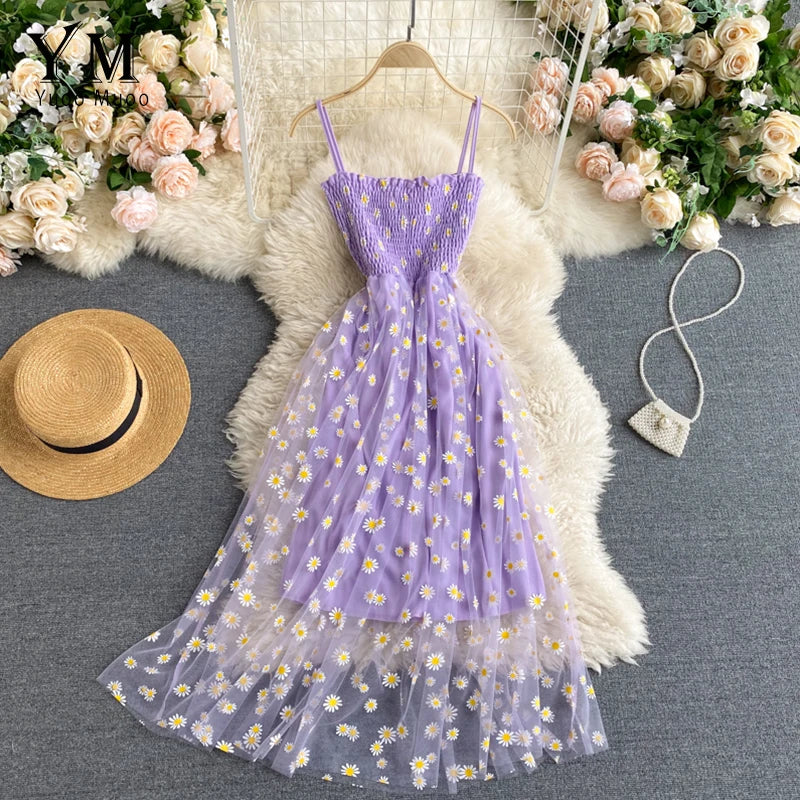 Daisy Print Mesh Spaghetti Strap Midi Dress