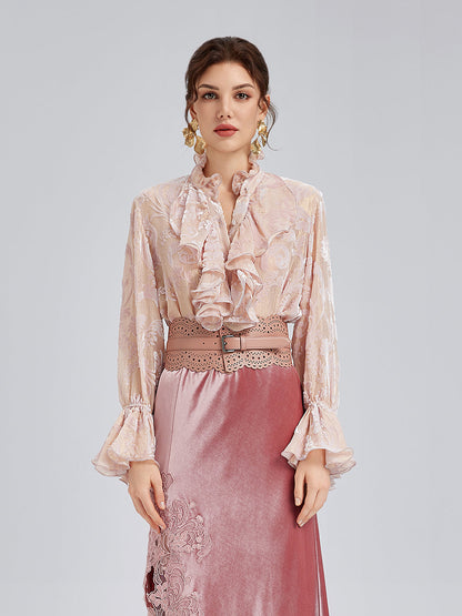 Parlak İpek Yakma Kadife Bluz