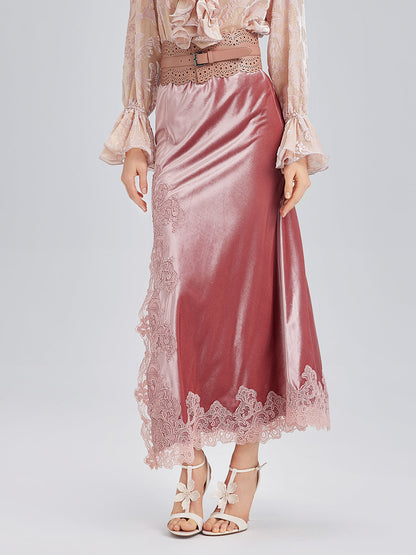 Fransız Dantel Kadife Yırtmaçlı Etek