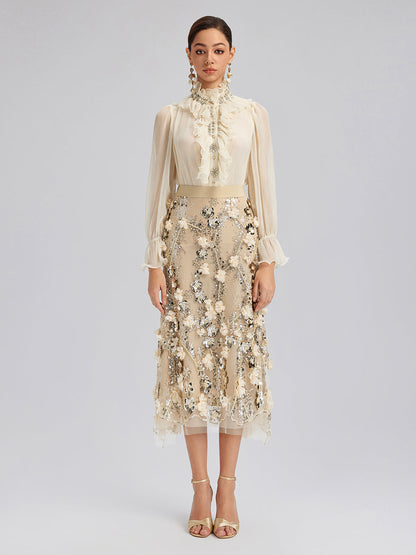 Pullu Çiçek Nakışlı Lastikli Balık Etek