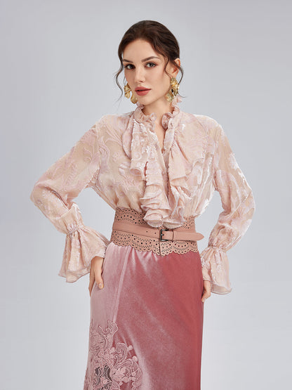 Parlak İpek Yakma Kadife Bluz