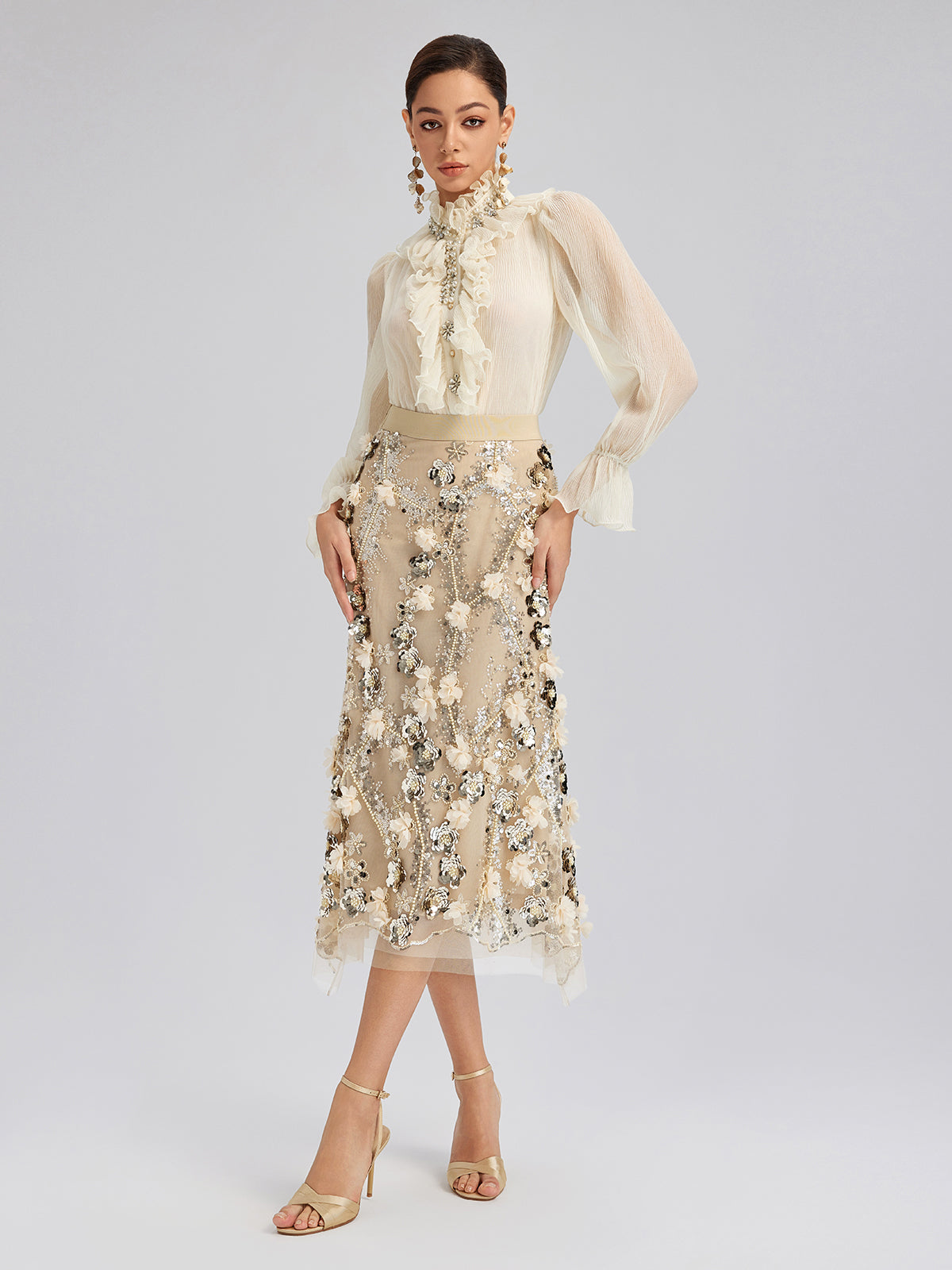 Pullu Çiçek Nakışlı Lastikli Balık Etek