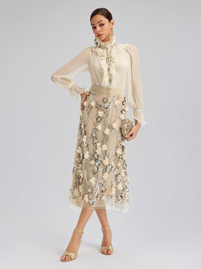 Fırfırlı Hakim Yaka Boncuklu Gömlek