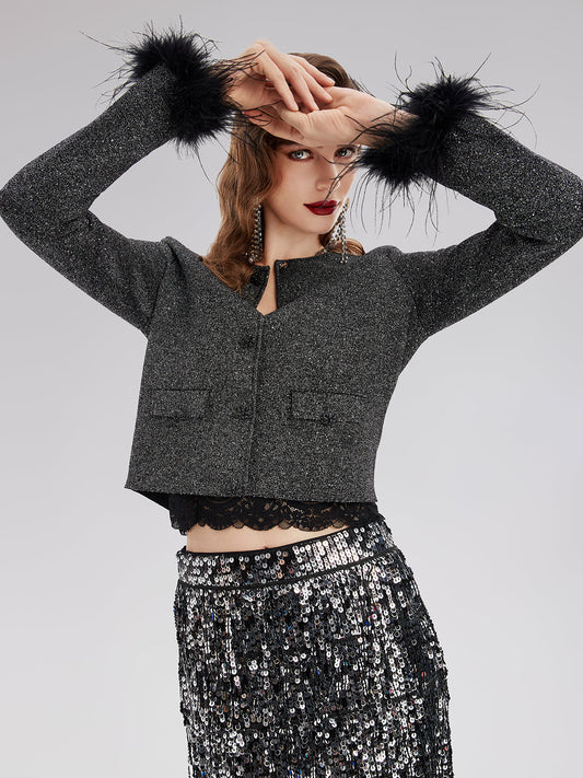 Lüks Çıkarılabilir Tüylü Yün Triko Ceket