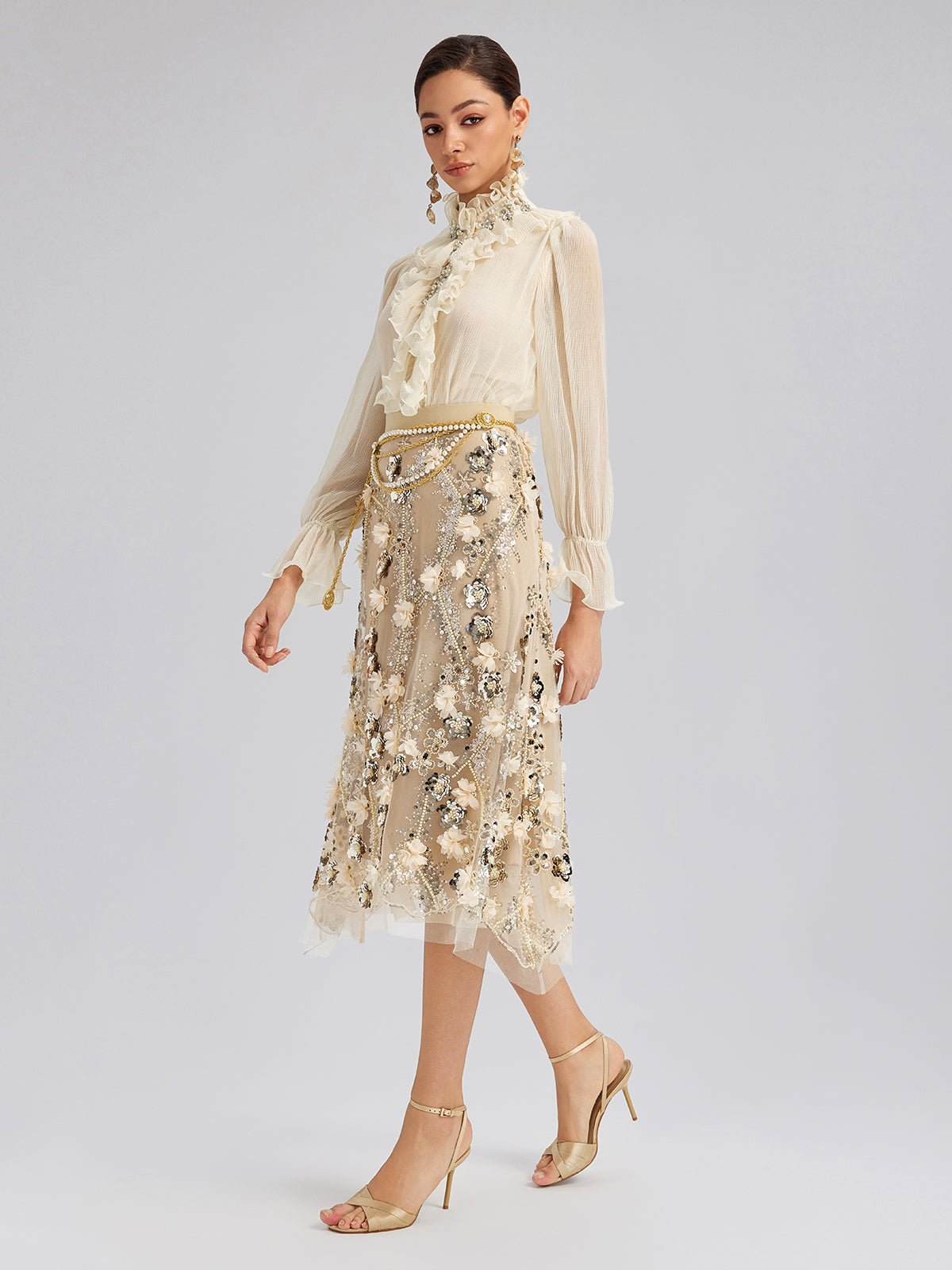 Pullu Çiçek Nakışlı Lastikli Balık Etek