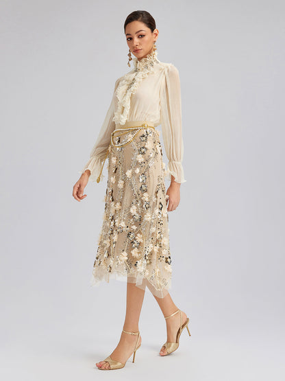 Pullu Çiçek Nakışlı Lastikli Balık Etek