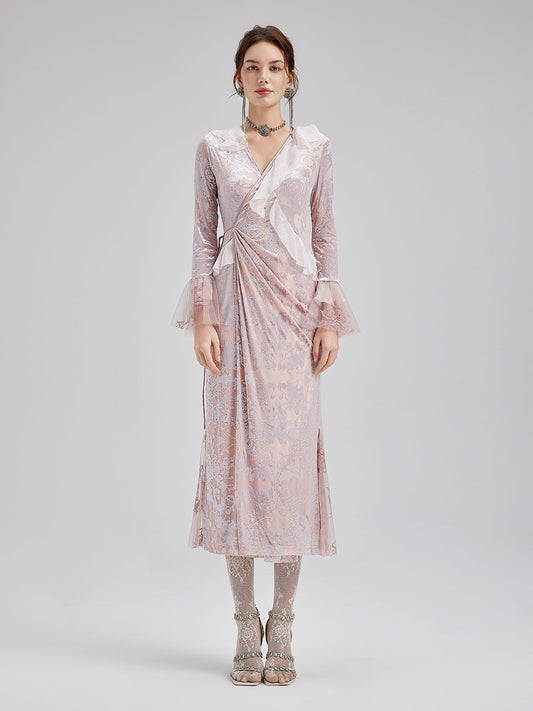 Fransız İpek Kadife Dantel Elbise