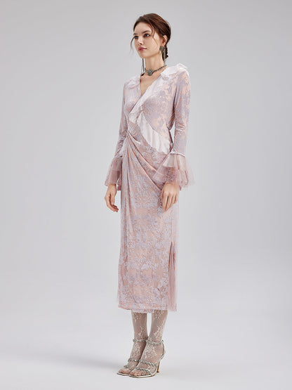 Fransız İpek Kadife Dantel Elbise