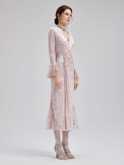 Fransız İpek Kadife Dantel Elbise