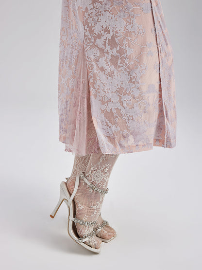 Fransız İpek Kadife Dantel Elbise