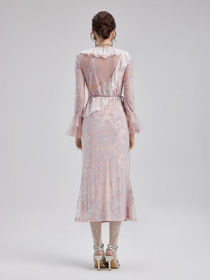 Fransız İpek Kadife Dantel Elbise