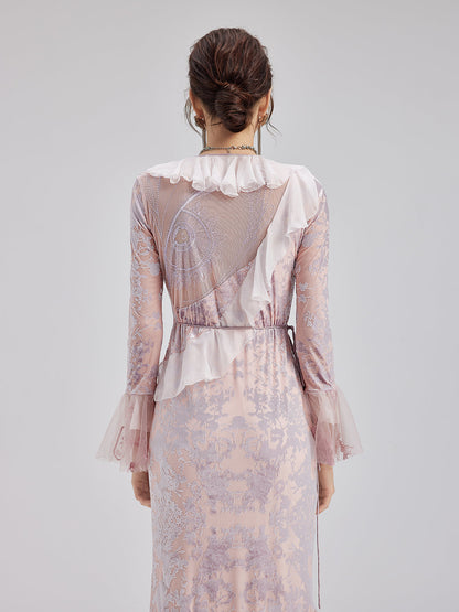 Fransız İpek Kadife Dantel Elbise